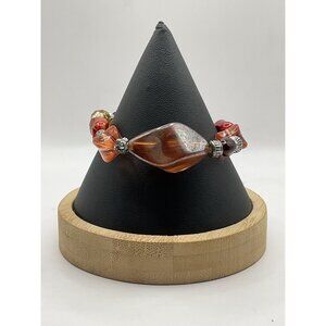 Acrylic Red & Orange Beaded Bracelet With Silver Accents